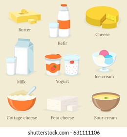 Dairy Products Set Butter Kefir Cheese Stock Vector (Royalty Free ...