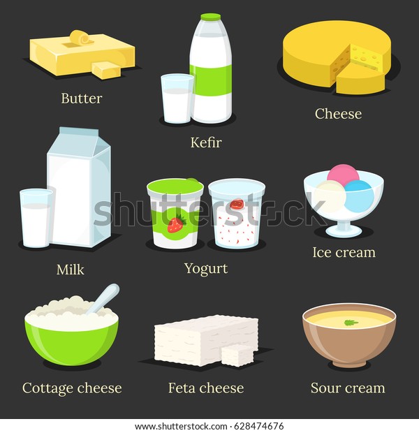 Dairy Products Set Butter Kefir Cheese Stock Vector Royalty Free 628474676