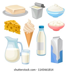 Dairy products set, butter, yogurt, bowl of sour cream and cottage cheese, ice cream, jug and glass of milk and cheese vector Illustrations on a white background