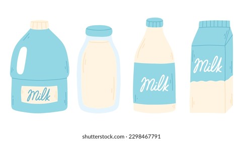 Dairy products set. Collection of bottles, bags of milk. Vector illustration. Flat style.