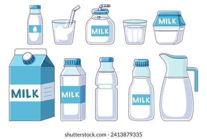 Dairy products set. Collection of bottles, bags or cartons of milk. Simple flat design vector illustration. Set of milk for National dairy month and World Milk Day.