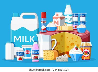 Dairy products set. Collection of milk food. Milk, cheese, yogurt, butter, sour cream, cottage, cream and curd. Traditional farm products isolated on blue. Vector illustration in flat style