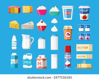 Dairy products set. Collection of milk food. Milk, cheese, yogurt, butter, sour cream, cottage, cream. Tradicional farm products. Vector illustration in flat style