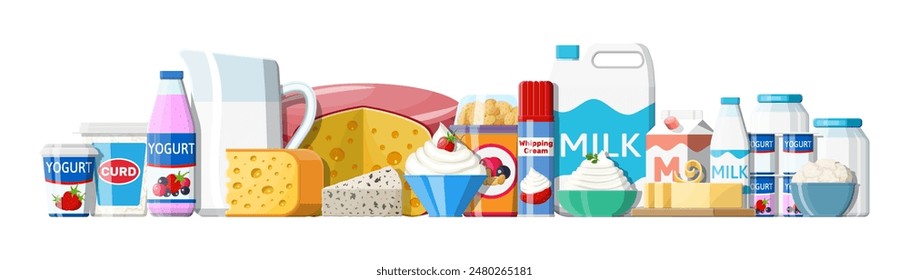 Set de productos lácteos Colección de alimentos lácteos. Leche, queso, yogur, mantequilla, crema agria, cabaña, crema. Productos agrícolas tradicionales. Ilustración vectorial en estilo plano