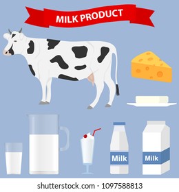 Dairy products, a set of dairy products. Cow, milk, cheese, kefir. Flat design, vector illustration, vector.