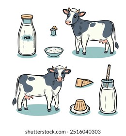Dairy products set, cow, milk, cottage cheese, cheese, ice cream, yogurt, vector flat illustration