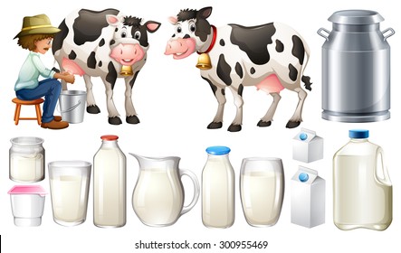 Dairy products set with farmer and milk