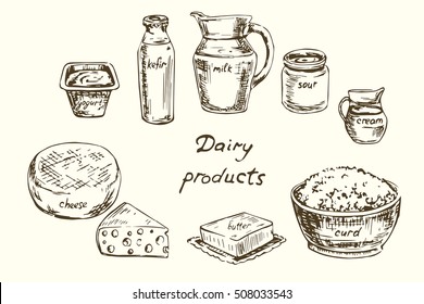 Dairy products set, Hand drawn vector illustration