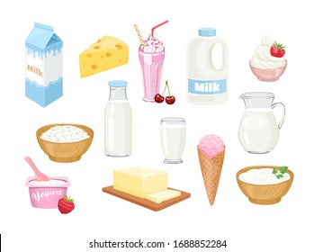 Dairy products set. Milk in bottle, jug, glass, box and gallon, cheese, milk shake, whipped cream, cottage cheese, yogurt, butter, ice cream and sour cream isolated. Vector cartoon flat illustration.