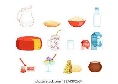 Dairy products set, milk, butter, cheese, yogurt, sour cream, ice cream vector Illustrations
