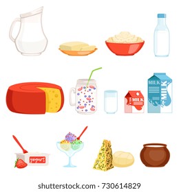 Dairy products set, milk, butter, cheese, yogurt, sour cream, ice cream vector Illustrations