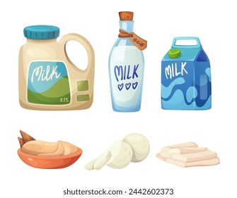 Dairy products set - milk in carton package and glass bottle, different types of cheese and cream. Cartoon vector illustration collection of farm organic milky goods and ingredients for healthy eating