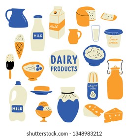 Dairy products set: milk, cheese, butter, sour cream, ice cream, yogurt, cottage cheese, whipped cream. Funny doodle hand drawn vector illustration. Cute cartoon food collection, isolated on white.