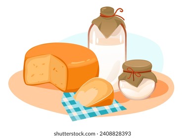 Dairy products set. Milk and and cheese on the kitchen table. Organic homemade food. Cartoon vector illustration
