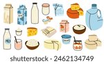 Dairy products set. Milk, kefir and yogurt in cardboard packaging containers, glass bottle. Different cheese, butter and cream. Organic farm healthy food. Vector cartoon flat isolated illustration