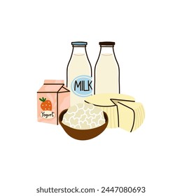 Dairy products set. Milk, kefir and yogurt in cardboard packaging containers, glass bottle. Different cheese, butter and cream. Organic farm healthy food. Vector cartoon flat isolated illustration