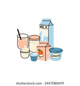 Dairy products set. Milk, kefir and yogurt in cardboard packaging containers, glass bottle. Different cheese, butter and cream. Organic farm healthy food. Vector cartoon flat isolated illustration