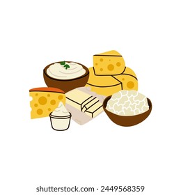 Dairy products set. Milk, kefir and yogurt in cardboard packaging containers, glass bottle. Different cheese, butter and cream. Organic farm healthy food. Vector cartoon flat isolated illustration