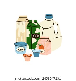 Dairy products set. Milk, kefir and yogurt in cardboard packaging containers, glass bottle. Different cheese, butter and cream. Organic farm healthy food. Vector cartoon flat isolated illustration