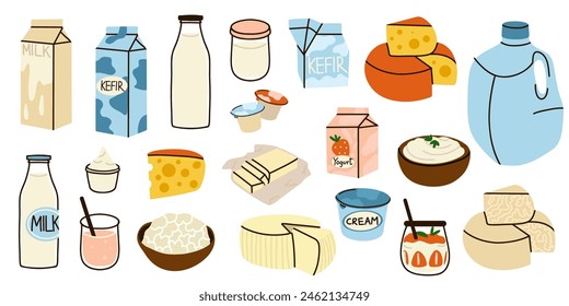 Dairy products set. Milk, kefir and yogurt in cardboard packaging containers, glass bottle. Different cheese, butter and cream. Organic farm healthy food. Vector cartoon flat isolated illustration