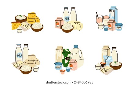 Dairy products set. Milk, kefir and yogurt, cardboard packaging containers, glass bottle. Different cheese, butter and cream. Organic farm healthy food. Vector cartoon flat isolated illustration