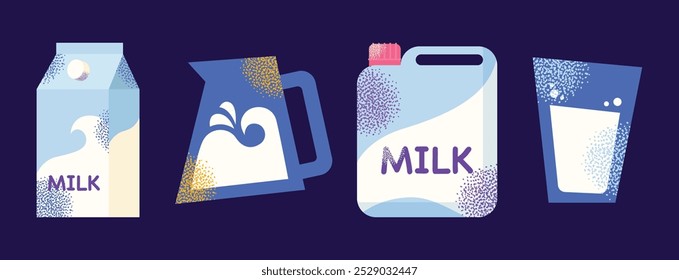 Dairy products set. Milk, kefir and yogurt, cardboard packaging containers, bottle. Different cheese, butter and cream. Organic farm healthy food vector illustration isolated on background