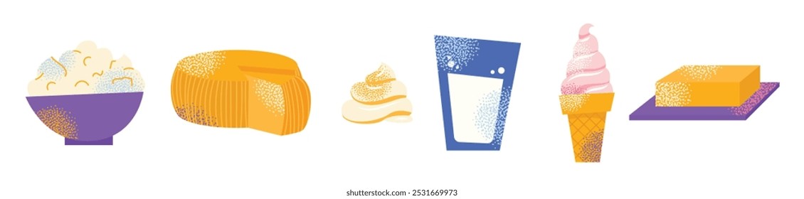 Dairy products set. Milk, kefir and yogurt, cardboard packaging containers, bottle. Different cheese, butter and cream. Organic farm healthy food vector illustration isolated on background