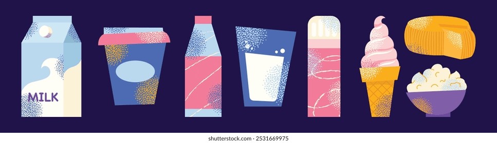 Dairy products set. Milk, kefir and yogurt, cardboard packaging containers, bottle. Different cheese, butter and cream. Organic farm healthy food vector illustration isolated on background