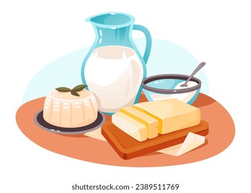 Dairy products set. Milk, ricotta cheese and butter on the kitchen table. Organic homemade food. Cartoon vector illustration