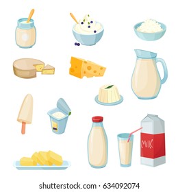 Dairy products set with milk in various packaging cheese yogurt butter curd sour cream isolated vector illustration 