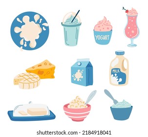 Dairy products set. Milk, yogurt, cheese, butter, milkshake, ice cream, whipped cream. Farm natural food. Vector hand draw illustration flat icon isolated on white.