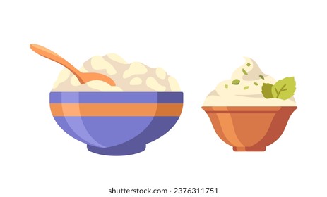 Dairy products set. Natural and organic milk eating. Cottage milk in dishes with spoon. Graphic elemenet for website. Cartoon flat vector collection isolated on white background