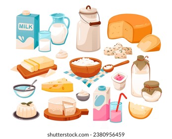 Dairy products set. Organic homemade food. Cartoon vector illustration