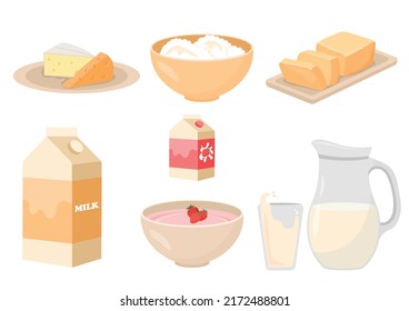 Milchprodukte-Set. Aufkleber mit Milch, Käse, Butter, Rahm und Jogurt. Gesunde Ernährung oder gesunde Ernährung. Design-Elemente für Werbeplakate. Cartoon-FlachVektorgrafik, einzeln auf weißem Hintergrund