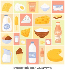 Dairy products set vector illustration. Cartoon milk in bottle and glass, package with fresh yoghurt, cottage cheese in bowl and ice cream, curd for healthy eating in geometric collage background