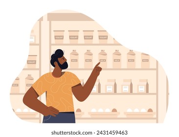 Dairy products in store. Man choose milk and cottage cheese, yoghurt. Drinks with protein. Healthy eating and nutrition, proper diet. Cartoon flat vector illustration isolated on white background