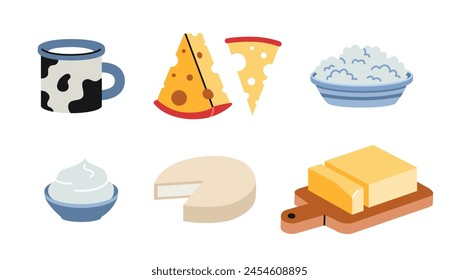 Productos lácteos como leche, queso, requesón, crema y mantequilla agria, estilo de dibujos animados. Ilustración vectorial moderna de moda aislada sobre fondo blanco, dibujado a mano, diseño plano