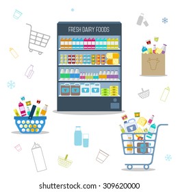 Dairy Products In Supermarket Shelves Vector Illustration