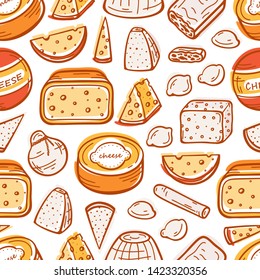 Dairy Products. Various Types of Cheese Seamless pattern. Cheese Pieces and Slices Doodle Sketch Vector Food Background
