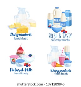 Milchprodukte, Vektorbanner. Illustrationen von Hüttenkäse, Milch, Butter, Käse und Sauce-Sahne. Jogurt, Eiscreme, Smoothies, Peitschencreme für das Design-Markt Agrarprodukt.