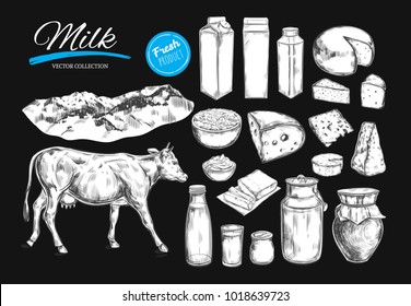 Dairy products vector collection. Cow, milk products, cheese , butter, sour cream, curd, yogurt. Farm foods. Farm landscape with cow.  Hand drawn illustration. Isolated objects on white