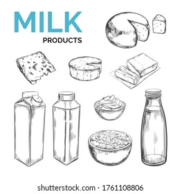 Dairy products vector collection. Cow, milk products, cheese , butter, sour cream, curd, yogurt. Farm foods. Farm landscape with cow.  Hand drawn illustration. Isolated objects on white