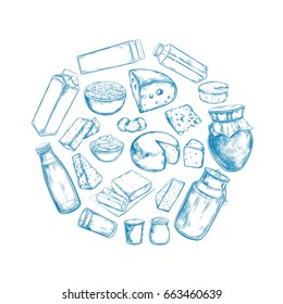 Dairy products vector collection. Cow, milk products, cheese , butter, sour cream, curd, yogurt. Farm foods. Cow.  Hand drawn illustration. Isolated objects on white