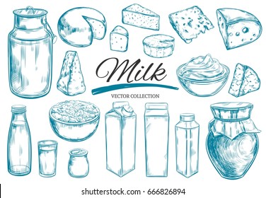 Dairy products vector collection. Cow, milk products, cheese , butter, sour cream, curd, yogurt. Farm foods. Farm landscape with cow.  Hand drawn illustration. Isolated objects on white