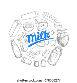 Dairy products vector collection. Cow, milk products, cheese , butter, sour cream, curd, yogurt. Farm foods. Farm landscape with cow. Hand drawn illustration. Isolated objects on white