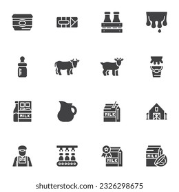 Dairy products vector icons set, modern solid symbol collection, filled style pictogram pack. Signs, logo illustration. Set includes icons as milk package, yogurt pack, cow, butter, yogurt, milk jug