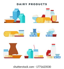 Dairy products vector set flat icons. Different traditional dairy products from milk.