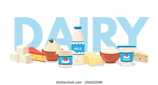 Dairy products vector template. Farmers market assortment web banner with text space. Various cheese slices cartoon illustration. Bottle of fresh cow milk. Organic butter and yogurt