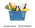 Dairy products, vegetable, bread in shopping basket. Blue supermarket basket is filled of groceries. Plastic grocery hamper with handles. Buying food, purchase of products. Simple vector illustration