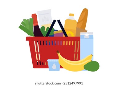 Produtos láteos, vegetais, pão na cesta de compras. A cesta vermelha do supermercado está cheia de mantimentos. Amortecedor de supermercado de plástico com alças. Conceito de compra de alimentos. Ilustração de vetor simples. Isolado